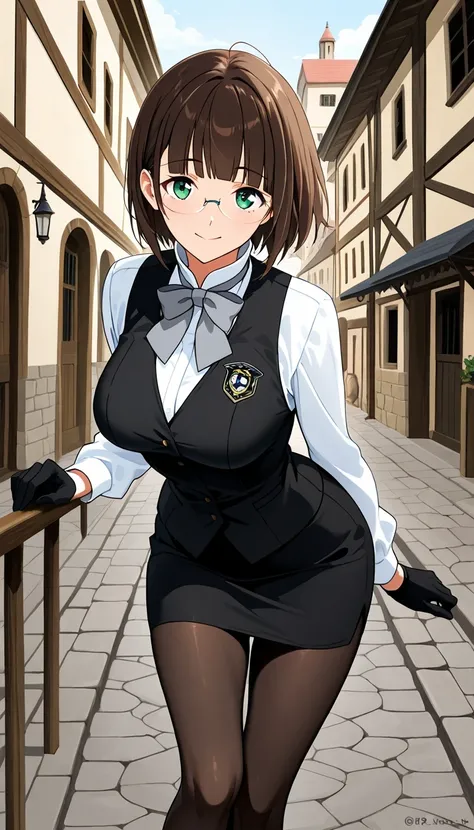 score_9, score_8_up, score_7_up, source_anime top quality、8k、masterpiece、natural light、high accuracy、Completed、One woman、medium breasts、saggy breasts:1.5、 short hair, brown hair, blunt bangs, green eyes, rimless eyewear,( Happy Expression 、The highlight in...