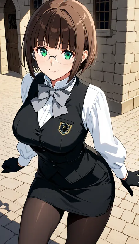 score_9, score_8_up, score_7_up, source_anime top quality、8k、masterpiece、natural light、high accuracy、Completed、One woman、medium breasts、saggy breasts:1.5、 short hair, brown hair, blunt bangs, green eyes, rimless eyewear,( Happy Expression 、The highlight in...
