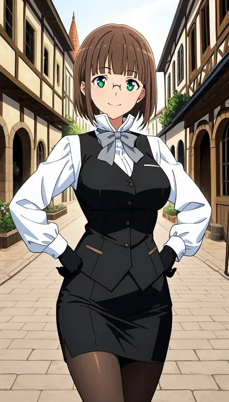 score_9, score_8_up, score_7_up, source_anime top quality、8k、masterpiece、natural light、high accuracy、Completed、One woman、medium breasts、saggy breasts:1.5、 short hair, brown hair, blunt bangs, green eyes, rimless eyewear,( Happy Expression 、The highlight in...