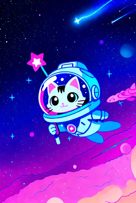 A cute cartoon cat wearing a space suit floating in outer space, with transparent helmet reflecting stars. Cosmic background with colorful planets, comets and stardust. The cat holds a flag with a heart. vibrant style, fun and modern, ideal for a young and...