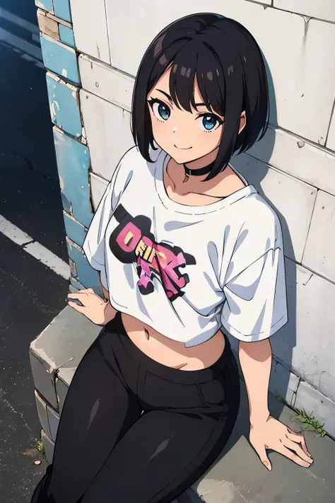  A young anime girl, bonita, 18 anos, Short black hair, wearing white cropped t shirt and black pants, smiling and posing on a graffiti brick wall ((best quality)), ((obra prima)), (( detalhado)), ((HD)), ((seen from above))