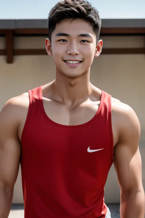 18-year-old male、Japanese、handsome、macho、athlete、Short Hair、facing the front、plain red tank top、smile