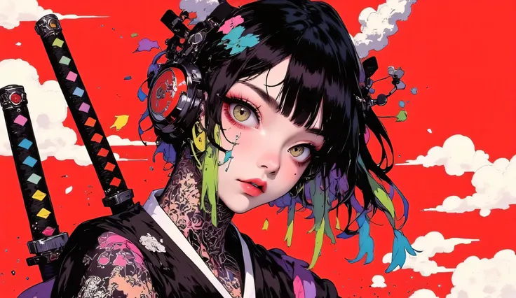 (masterpiece, ultra detailed,best quality,(((SIMPLE COLOR BACKGROUND))),,(((hip hop girl))), (((1 girl))), (((Flashy makeup))), (((SAMURAI HEADPHONE ))),((samurai sword at back )), (((BLACK KIMONO ))),(((TATOO))), beautiful girl, multi COLOR Hair, Delicate...