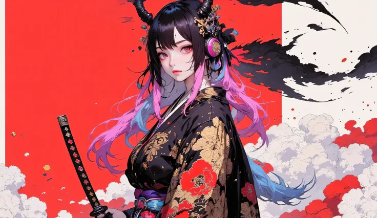 (masterpiece, ultra detailed,best quality,(((SIMPLE COLOR BACKGROUND))),((from above)),(((SAMURAI girl))), (((1 girl))), (((Flashy makeup))), (((SAMURAI headphone ))),((samurai sword at back )), (((KIMONO ))),(((TATOO))), beautiful girl, multi COLOR Hair, ...