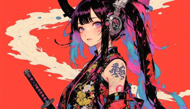 (masterpiece, ultra detailed,best quality,(((SIMPLE COLOR BACKGROUND))),((from above)),(((SAMURAI girl))), (((1 girl))), (((Flashy makeup))), (((SAMURAI headphone ))),((samurai sword at back )), (((KIMONO ))),(((TATOO))), beautiful girl, multi COLOR Hair, ...