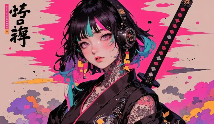 (masterpiece, ultra detailed,best quality,(((SIMPLE COLOR BACKGROUND))),,(((hip hop girl))), (((1 girl))), (((Flashy makeup))), (((SAMURAI HEADPHONE ))),((samurai sword at back )), (((BLACK KIMONO ))),(((TATOO))), beautiful girl, multi COLOR Hair, Delicate...