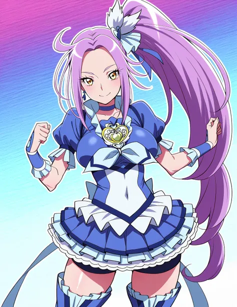 score 9 、score 8 up、score 7 up、source anime、masterpiece、Highest Quality、high resolution、very detailed face、 very detailed eyes、anime coloring、1girl、cure beat、female character is wearing a navy blue dress、beefcake standing、purple hair、side ponytail hair、hig...