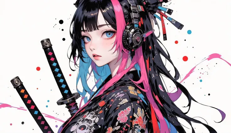 (masterpiece, ultra detailed,best quality,(((SIMPLE BACKGROUND))), (((hip hop girl))), (((1 girl))), (((Flashy makeup))), (((Japanese style headphones))),((samurai sword at back )), (((hiphop jacket ))),(((japan TATOO))), beautiful girl, long multi COLOR H...