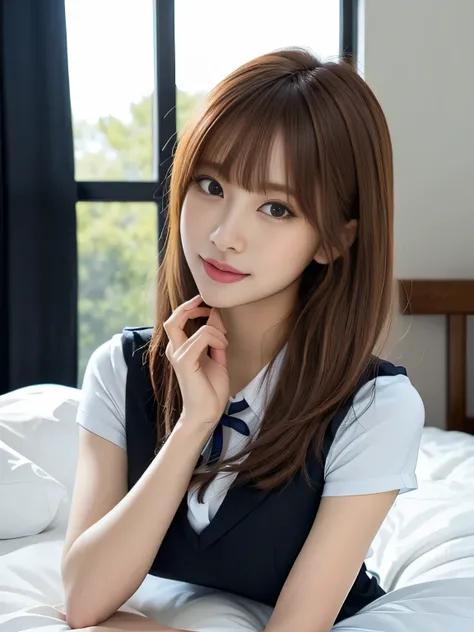 Cute Korean idol lying on her back., model-like appearance, cowboy shot, (wearing a School Uniform with navy blue ribbon:1.3), (uneven bangs with brown ashhair:1.3), Attractive smile, lying on back, from above, (elegant posture, soft and feminine pose), re...