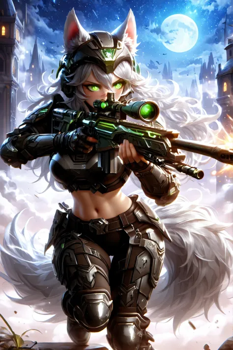 Masterpiece, best quality, amazing quality, absurdres, very aesthetic, lazypos, 3D, 1 woman, (woman , tall, slim, medium-big chest, large hip, silver long hair, fluffy hair, wolf ears, fluffy ears, wolf eyes, fluffy tail, clear skin), smooth natural moonli...