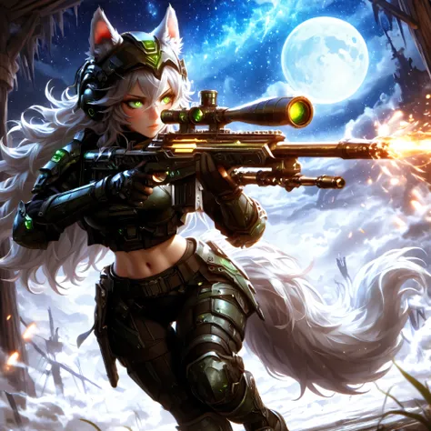 Masterpiece, best quality, amazing quality, absurdres, very aesthetic, lazypos, 3D, 1 woman, (woman , tall, slim, medium-big chest, large hip, silver long hair, fluffy hair, wolf ears, fluffy ears, wolf eyes, fluffy tail, clear skin), smooth natural moonli...
