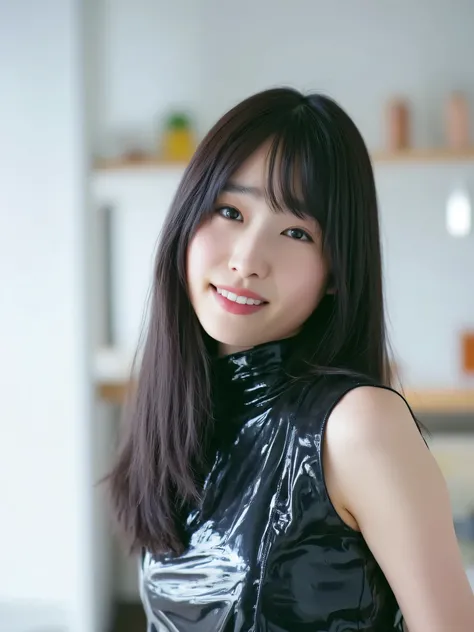 Full body image, full body shot, a Japanese cutie girl, 20 years old, (The angle is horizontal), ((wearing Black tight PVC full body catsuit)) , PVC fabric covers her whole body, black long hair, smiling, detailed writing, Female Best Image Quality、 supe...