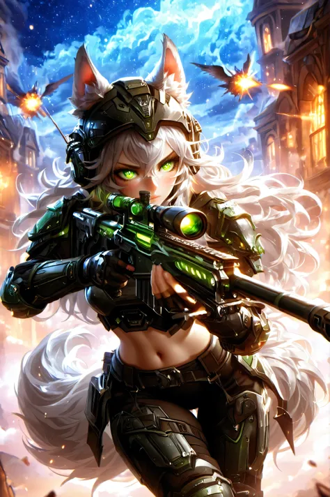 Masterpiece, best quality, amazing quality, absurdres, very aesthetic, lazypos, 3D, 1 woman, (woman , tall, slim, medium-big chest, large hip, silver long hair, fluffy hair, wolf ears, fluffy ears, wolf eyes, fluffy tail, clear skin), smooth natural moonli...