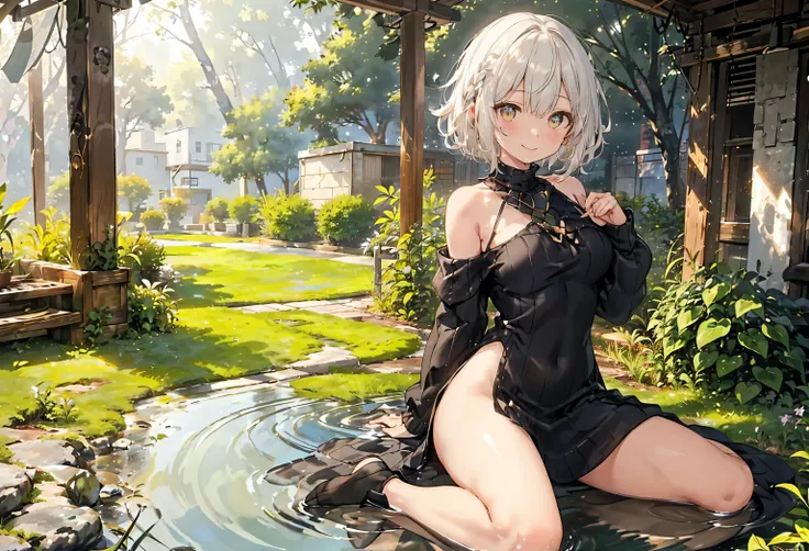 (from below:1.4),((1girl, silver-haired, short hair, Sparkling Eyes and Contagious Smile Blue Eyes , beautiful eyes on my stomach,  very nice smile :1.5, ), ( off-shoulder dress, sweater dress), ray tracing, bright colors, girl, masterpiece, sharp concentr...