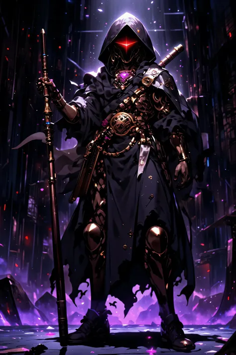 the strongest devil dark mage、Wearing a black cloak、the dark mage、skulls are glowing red、the skull is attached to the head of the cane {x} purple smoke drifts underneath the mage's feet、The background is a dark cave