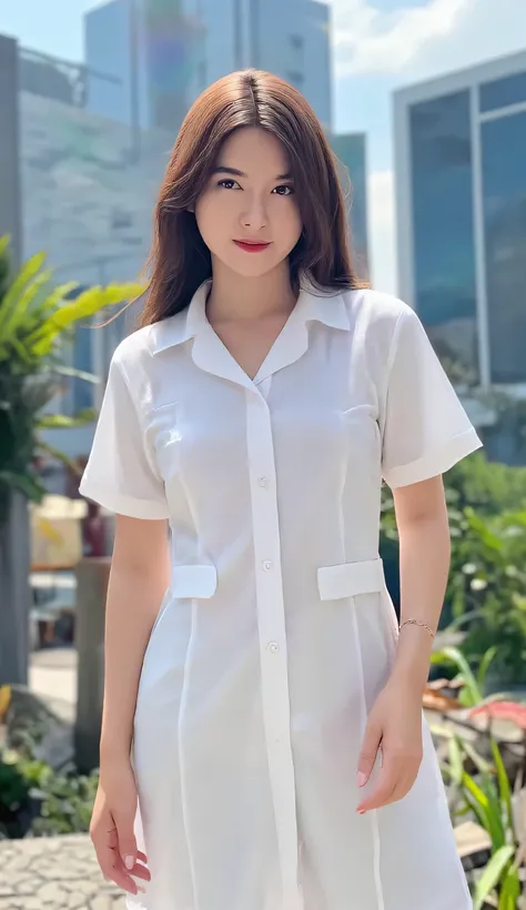 a beautiful woman, standing in the middle of the city , body facing the camera, transparent nurse uniform, White leggings , Big , bibir merah
