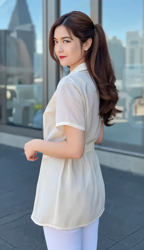 a beautiful woman, standing in the middle of the city , body facing the camera, transparent nurse uniform, White leggings , Big , bibir merah