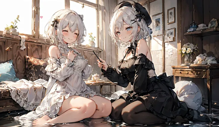 (from below:1.4),((1girl, silver-haired , short hair, Sparkling Eyes and Contagious Smile Blue Eyes , beautiful eyes on my stomach,  very nice smile :1.5, ), ( off-shoulder dress, sweater dress), ray tracing, bright colors, girl, masterpiece, sharp concent...