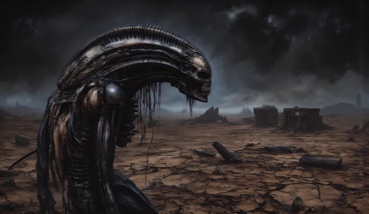 A hunchbacked skeleton made of black metal walks through a terrifying brown wasteland. His fingers end in long black blades. A dirty human skin is stretched over the skeleton. The stars of the galaxy and the cosmic beauty are visible in the sky.A lifeless ...
