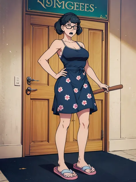 animation、high resolution、high image quality、Pretty fat middle-aged woman、holding a broom in her right hand、black rimmed glasses in one hand、Jin and the Royal Family、angry expression、Enraged、They're shouting with their big mouth open、 hair stands on end、in...