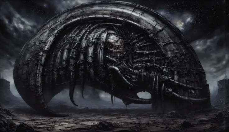 A creepy monster. A large monster covered with black plates. Inside is a withered human body. Black long soft tentacles grow on the plates. The stars of the galaxy and the cosmic beauty are visible in the sky.A lifeless land covered with cracks. It's a dar...