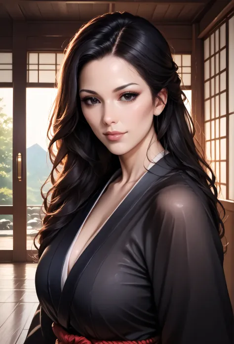 high quality, photo realistic, Japanese house wife, (detailed black eyes), (black long hair), black clothes,