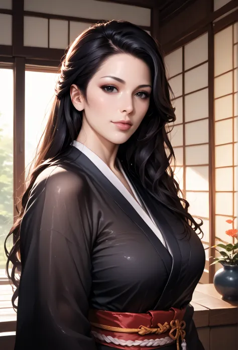 high quality, photo realistic, Japanese house wife, (detailed black eyes), (black long hair), black clothes,