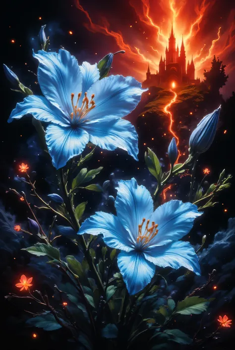 A highly detailed fantasy-style digital painting of two large lilies, accented in blue and surrounded by realistic orange fire, symbolizing intensity and transformation. The radiant blue represents serenity and contrast. In a setting where everything is re...