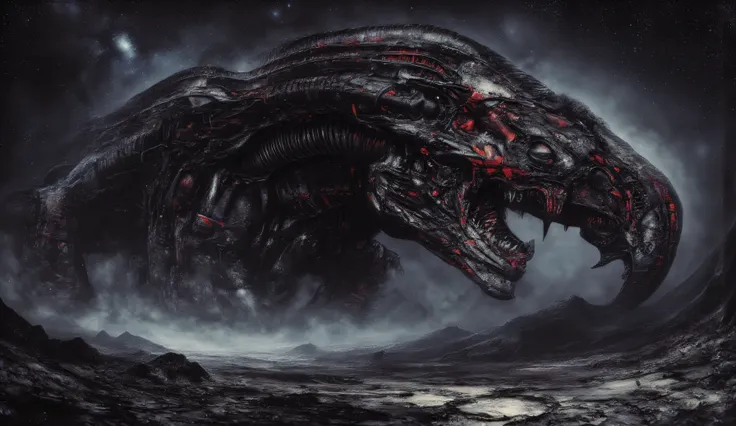 The Tyrannosaurus monster is a robot. Red elements on the monster. The stars of the galaxy and the cosmic beauty are visible in the sky.A lifeless land covered with cracks. It's a dark night. The black sky, the apocalypse. horror. Ruins of the city. It's a...