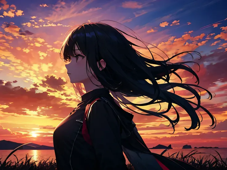 masterpiece, highest quality, High resolution, One girl, alone, bangs,sunset, , Gazing into the distance,hill、cloud、Long Hair、woman、The wind is blowing、Wide sky