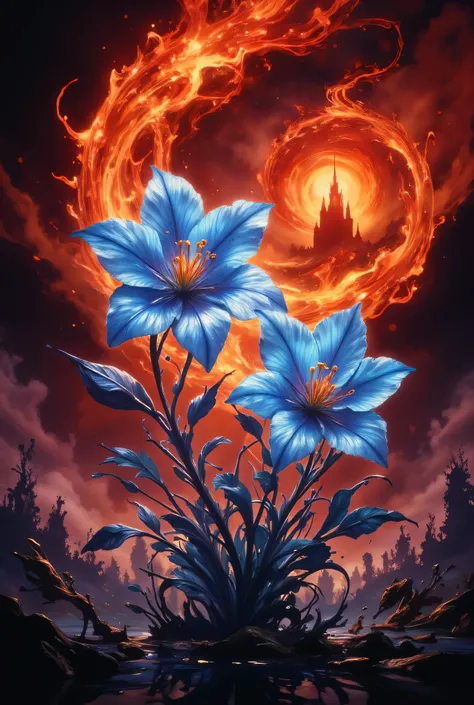 A highly detailed fantasy-style digital painting of two large lilies, accented in blue and surrounded by realistic orange fire, symbolizing intensity and transformation. The radiant blue represents serenity and contrast. In a setting where everything is re...