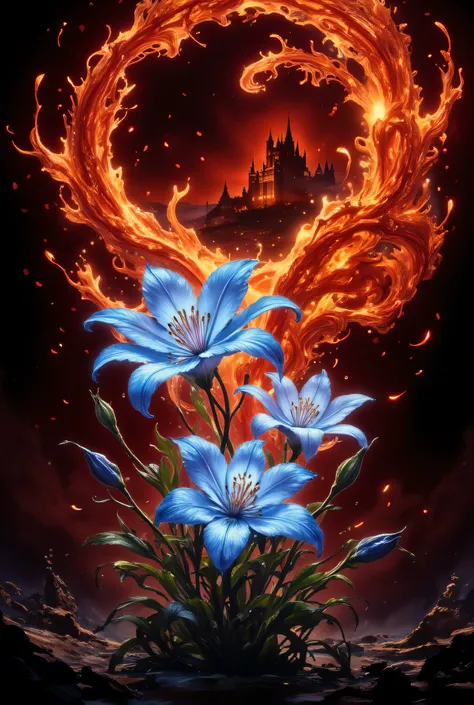 A highly detailed fantasy-style digital painting of two large lilies, accented in blue and surrounded by realistic orange fire, symbolizing intensity and transformation. The radiant blue represents serenity and contrast. In a setting where everything is re...