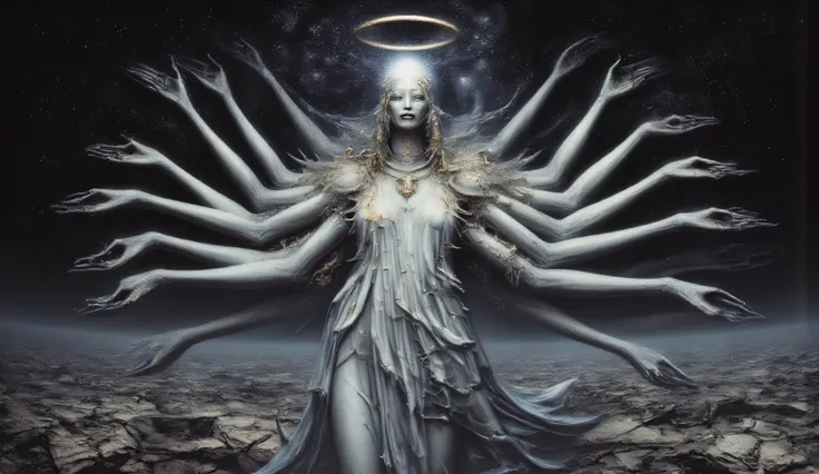 A Greek statue made of white marble with a hundred arms. gold elements. divine light emanates from her. gold rings and a halo.. The stars of the galaxy and the cosmic beauty are visible in the sky.A lifeless land covered with cracks. It's a dark night. The...