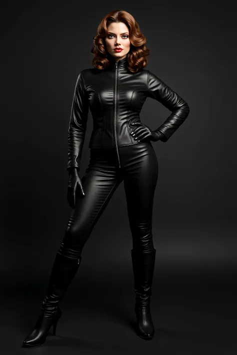 Woman in a black leather business leather suit. Black leather knee high boots. she is wearing black leather opera gloves. She is smiling. she is wearing brown blonde hair. she has a fierce pose.