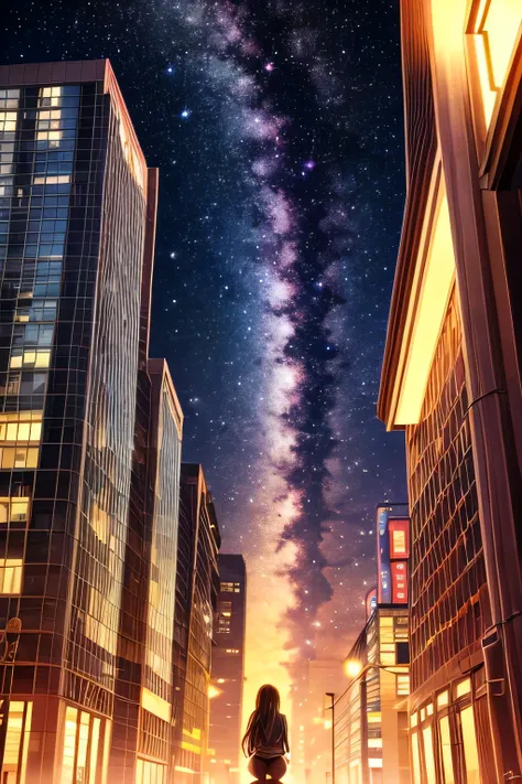 octans, null, star (null), scenery, starry null,  night , 1 girl,  night  null, solo, Outdoors, signature, building, cloud,  Milky Way, is sitting, tree, long hair, city, silhouette, cityscape