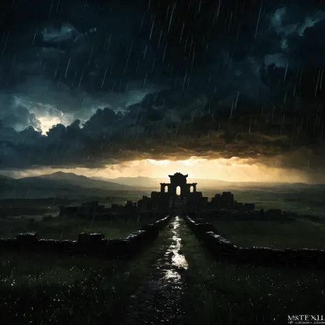 ( Highest Quality , masterpiece), ( dark sky,  rain,  horizon ), realistic background, 2112, light*_Therefore_ particle,Beautiful Landscape Artwork, 雷rain, Vast land, Thunder, Lonely atmosphere , Ahead of the Light of Hope, Ancient Ruins