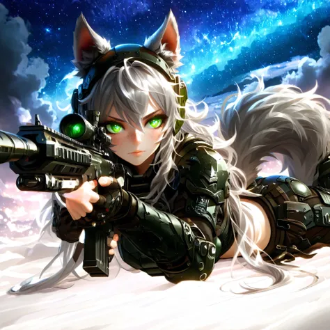 Masterpiece, best quality, amazing quality, absurdres, very aesthetic, lazypos, 3D, 1 woman, (woman , tall, slim, medium-big chest, large hip, silver long hair, fluffy hair, wolf ears, fluffy ears, wolf eyes, fluffy tail, clear skin), smooth natural moonli...