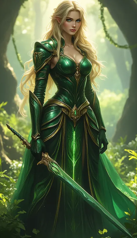 Elven warrior queen with long golden hair, wearing an emerald green enchanted armor, holding a magical sword, standing in a mystical forest, ethereal light, highly detailed fantasy art