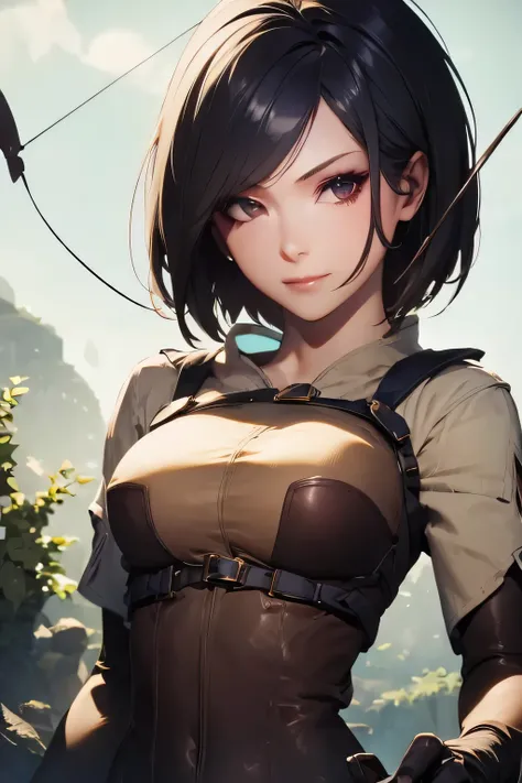 1girl, solo, breasts, short hair, black hair, gloves, medium breasts, weapon, crossbow