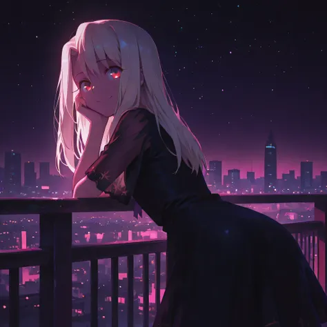 1girl, against railing,, black dress, city, city lights, cityscape, dress,  from behind, hand on own cheek, hand on own face, head rest, leaning forward, looking at viewer, looking back, night, night sky, outdoors,  railing, red eyes, white hair, see-throu...