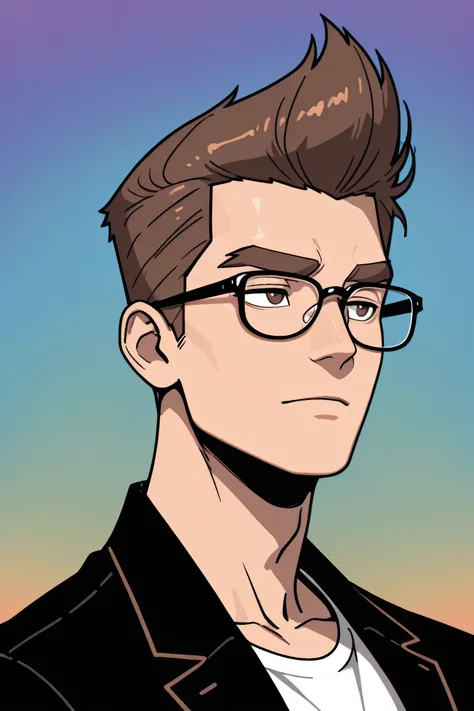 (best quality:1.1), (ultra-detailed), best illustration, (portrait:1.1), (cartoon drawing), oung man, (((boy))), alone, (medium quiff brown hair), (brown eyes with detailed prescription glasses with a black frame), (brown eyebrows), (wearing a shirt and a ...