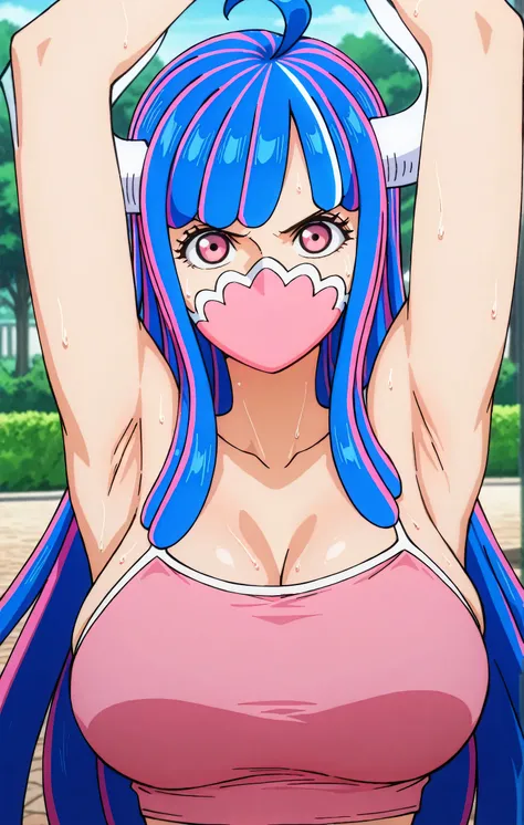 masterpiece, best quality, amazing quality, anime screencap, anime coloring, 1girl, solo, Ulti (character), curled horns, long hair, ahoge, pink hair, blue hair, multicolored hair, pink eyes, mouth mask, mask, pink tank top, spaghetti straps, skindentation...