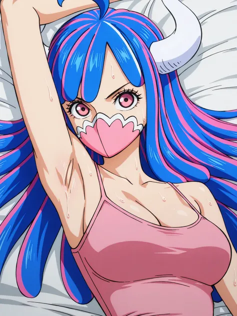 masterpiece, best quality, amazing quality, anime screencap, anime coloring, 1girl, solo, Ulti (character), curled horns, long hair, ahoge, pink hair, blue hair, multicolored hair, pink eyes, mouth mask, mask, pink tank top, spaghetti straps, skindentation...