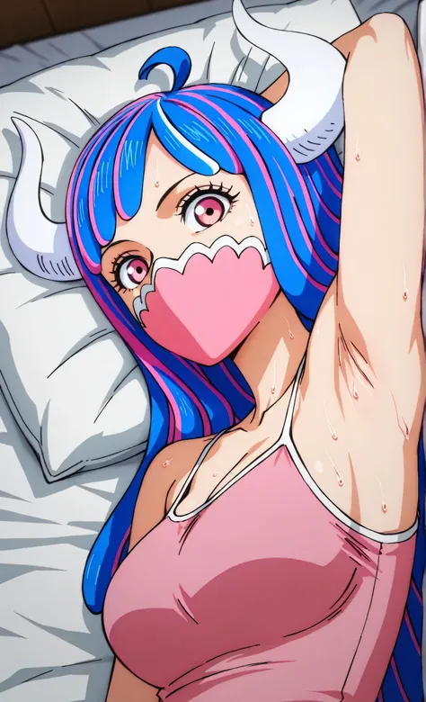masterpiece, best quality, amazing quality, anime screencap, anime coloring, 1girl, solo, Ulti (character), curled horns, long hair, ahoge, pink hair, blue hair, multicolored hair, pink eyes, mouth mask, mask, pink tank top, spaghetti straps, skindentation...