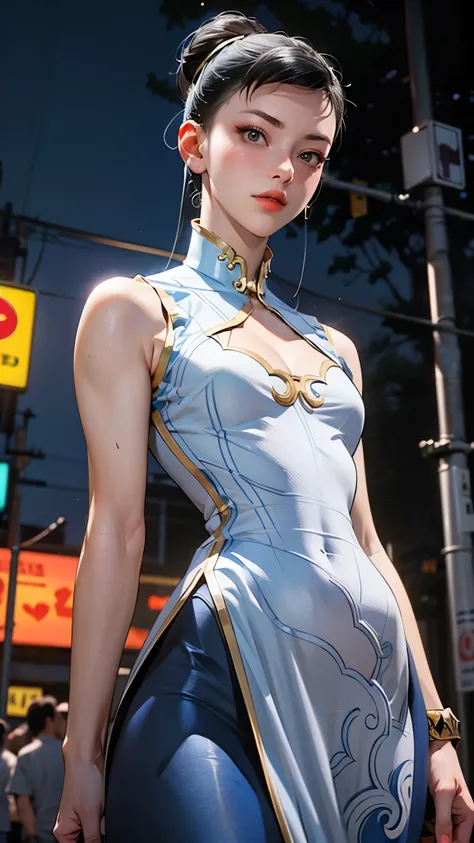 Solo, female, Chun-Li, standing, She looks down at her fallen enemy, Stylish pose, her hip, Front view, (shoot from below), concentration, serious, Detailed hair, detailed skin texture, detailed face, beautiful eyes, lips, makeup, detailed facial expressio...