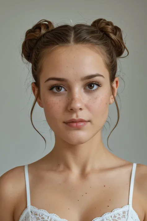 Fille caucasienne, yeux vert, petit nez, beau visage fin, masterpiece, best quality, amazing quality, ultra realistic, soft lighting, freckles, messy bun, neutral makeup, beautiful face, neutral expression, detailed skin texture nude, neutral expression, s...