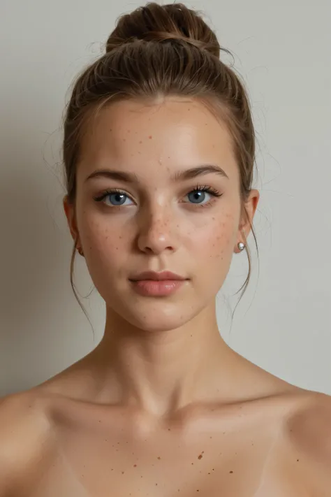 Fille caucasienne, yeux vert, petit nez, beau visage fin, masterpiece, best quality, amazing quality, ultra realistic, soft lighting, freckles, messy bun, neutral makeup, beautiful face, neutral expression, detailed skin texture nude, neutral expression, s...