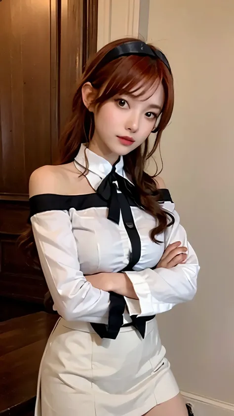 realistic, best quality, masterpiece, (detailed), realistic, photo realistic, close-up, erisc, 1 girl, 18 years old, red hair, long hair, headband, ahoge, red eyes, white shirt, bare shoulders, long sleeves, black skirt, ruffled skirt, white tights, arms c...