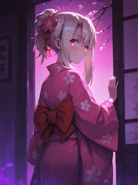 1girl, blush, bow, cherry blossoms, closed mouth, floral print, flower, from behind, grey hair, hair between eyes, hair bun, hair flower, hair ornament, illyasviel von einzbern, japanese clothes, kimono, long hair, long sleeves, looking at viewer, looking ...