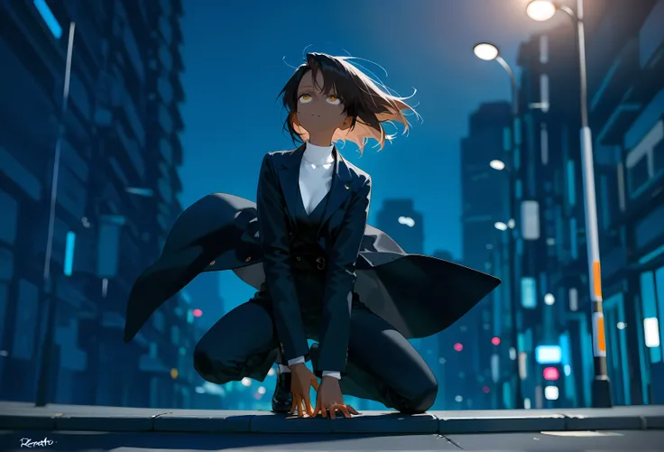 dynamic pose, tanned girl looking up and down with a Machiavellian smiley face in front of an urban background with perfect lighting. (8K, ABSURD QUALITY, obra-prima, retrato, perfil, light and impeccable shadow).
